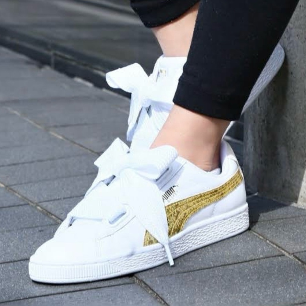 Puma Basket Heart Gold and White Sneakers